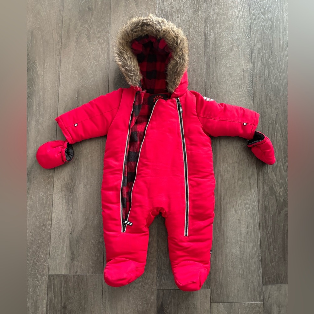 Red Infant Snowsuit with Faux Fur Trim